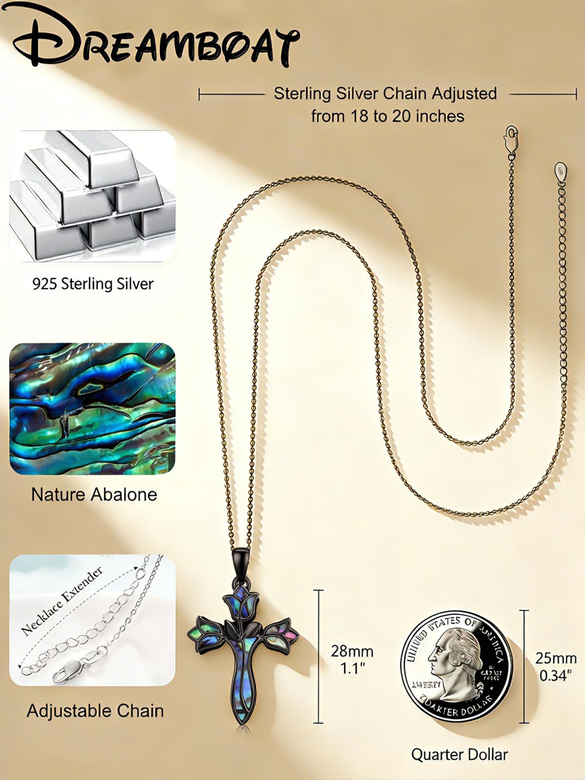 Dreamboat Black Cross Necklace for Women Sterling Silver Cross Pendant Tulip Rose Abalone Shell Christian Necklace Faith Confirmation Gifts Religious Jewelry for Mom