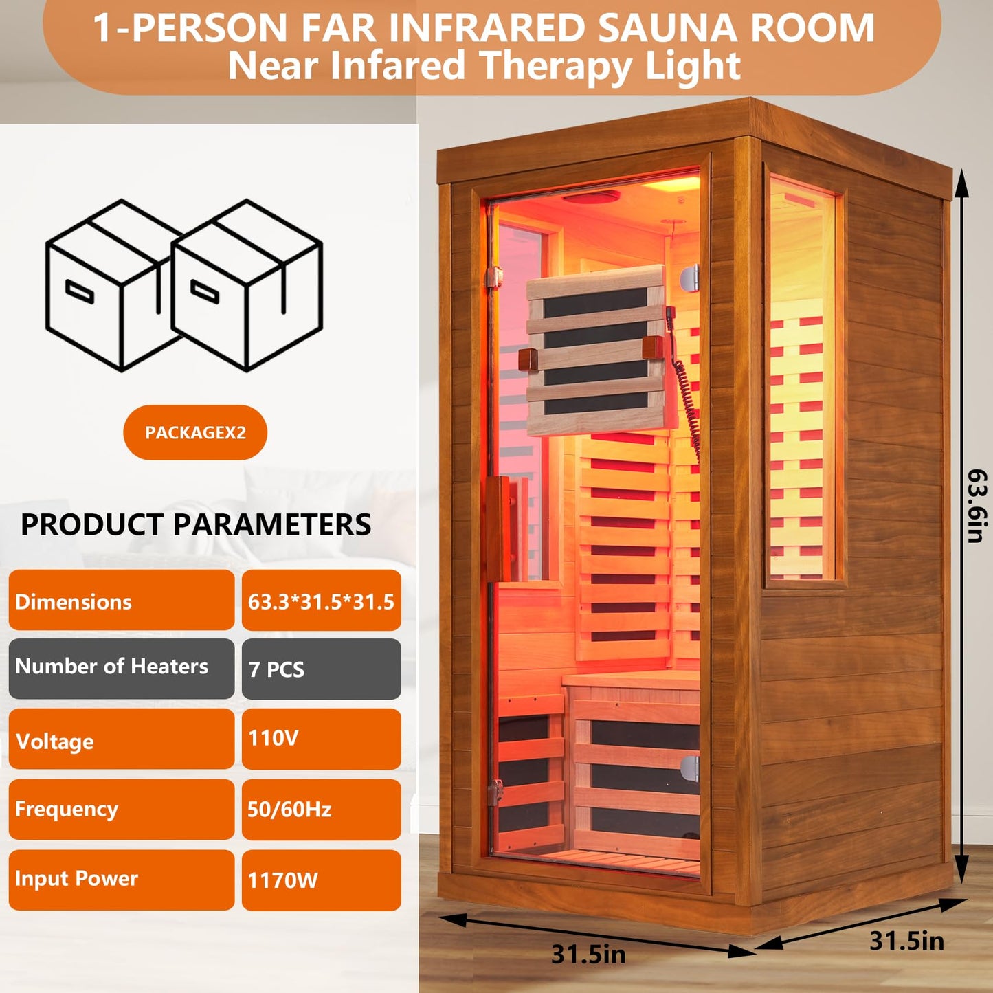 mikibama Infrared Sauna for Home, 1 Person Home Sauna with Red Light Therapy, Wooden Dry Saunas Room with 7 Carbon Heaters, 1170 W/115V, LCD Control Pannel for Home Spa