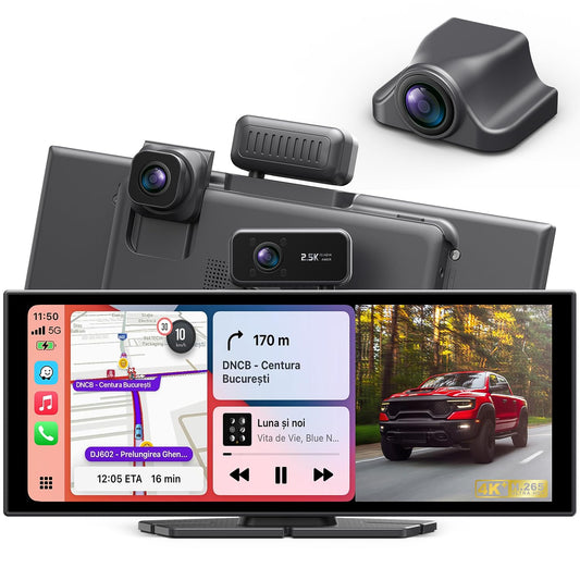 Portable Wireless CarPlay Screen, 10.26" Fully Laminated IPS Touch Screen Car Stereo with Wireless CarPlay & Android Auto, 4K Front 2.5K Rear Dash Cam,1080P Backup Camera,Super Link,Plug & Play