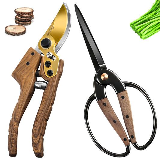 Dekeliy 2Pack Garden Pruning Shears Set: Ultra Sharp SK5 Blade Gardening Shears & Precision Garden Scissors,Wood Like&Wide Walnut Ergonomic Handle,Perfect for Plant,Bonsai,Shrub,floral,Branch Trimming