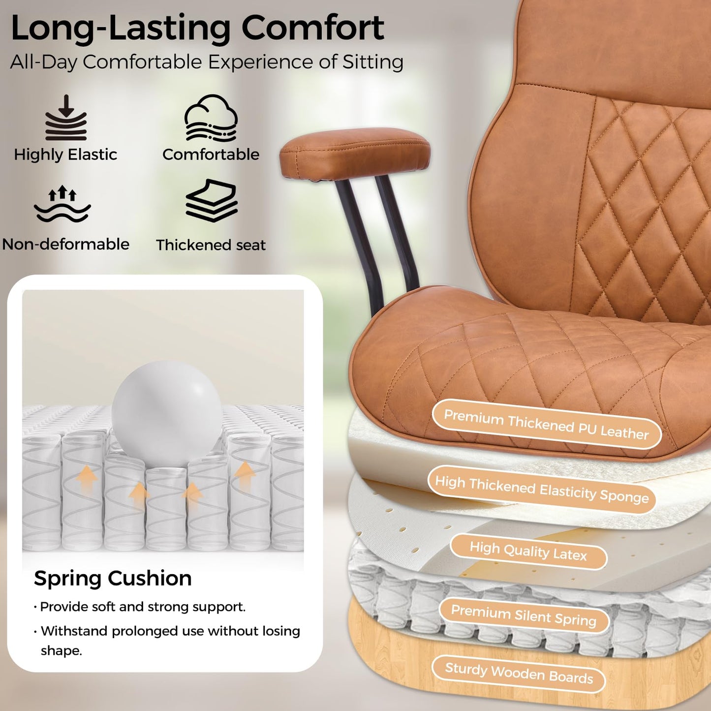 BEWISHOME Brown Leather Office Chair– Features Rubber Wheels and Lumbar Support Ergonomic Mid Century Modern Desk Chair with Adjustable Height, 360° Swivel for Home & Office