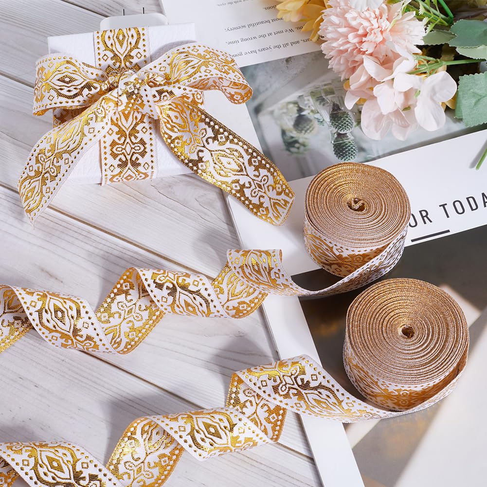 GORGECRAFT 15 Yards x 1.3 Inch Jacquard Ribbon Metallic Gold Ethnic Embroidered Woven Satin Roll Double Side Boho Fabric Floral Sewing Webbing Wrapping Strap Trim for DIY Crafts Home Curtain Decor