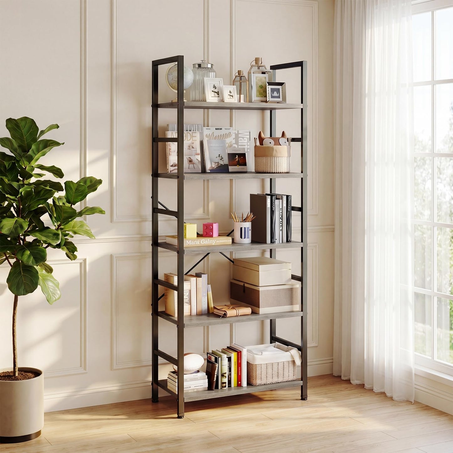 Sweetcrispy Book Shelf, 5 Tier Bookcase, Modern Tall Bookshelf for Garage Kit, CDs, Movies, Industrial Corner Storage Organizer for Bedroom Home Office Kitchen Living Room, Wood Grey