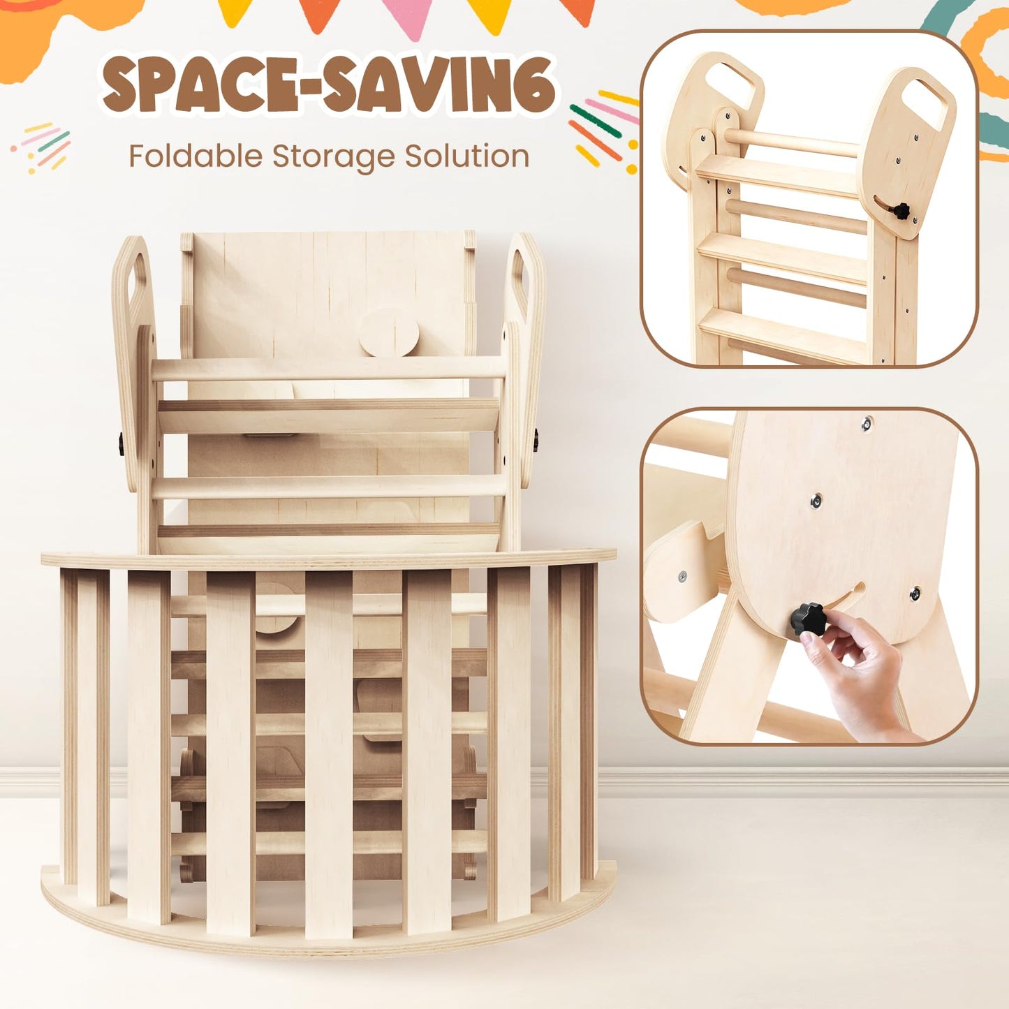 Norbee Pikler Triangle Set Foldable Wooden Toddler Climbing Toys Indoor, Playground Jungle Gym for Kids, Montessori Climbing Set for Toddlers