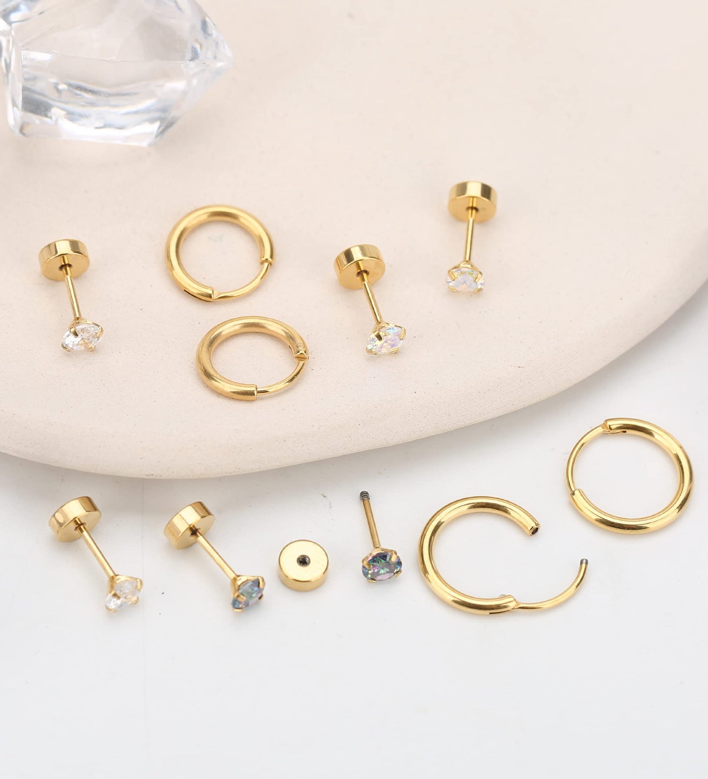 MJust Titanium Earrings for Sensitive Ears 20G Hypoallergenic Stud Hoop Earrings for Women Men Opal Ball CZ Heart Pearl Flat Back Earrings Cartilage Earrings Set