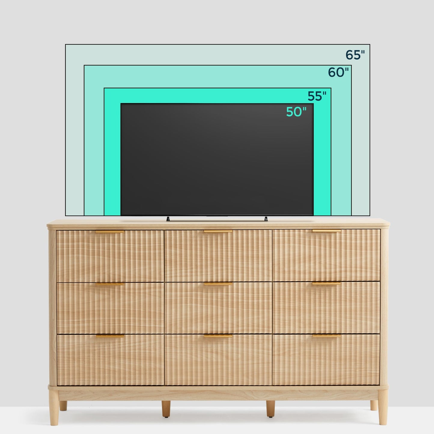 LINSY Fluted Dresser for Bedroom with 9 Drawers, Mid Century Modern Chest of Drawers with Gold Metal Handles, Wide Boho Wood Dressers, Large Farmhouse Storage Cabinet for Bedroom, Living Room, Oak