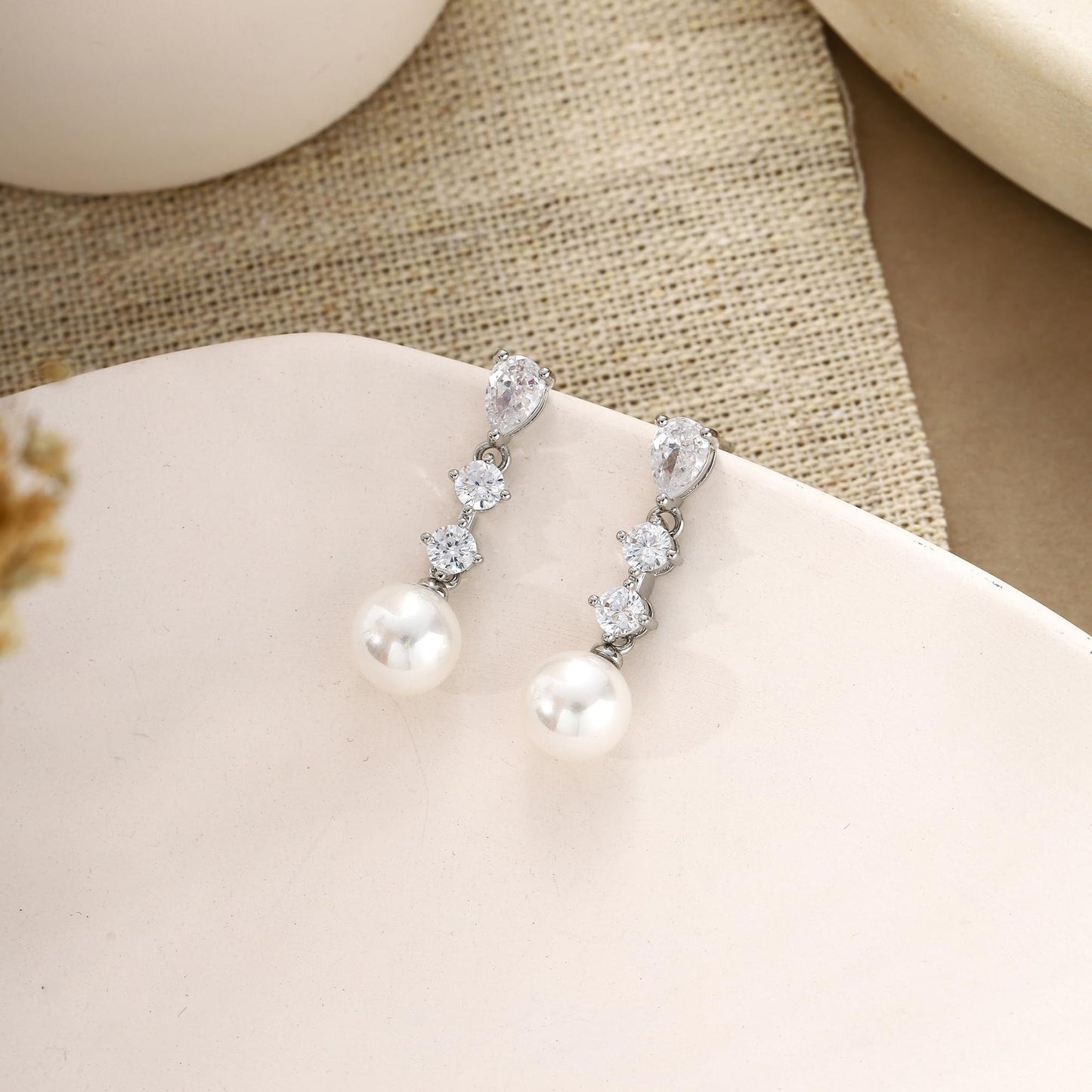 Solistra Pearl Earrings for Women Dainty Diamond Flower Silver Plated Dangle Earrings for Weddings Gifts Bridesmaid Gifts