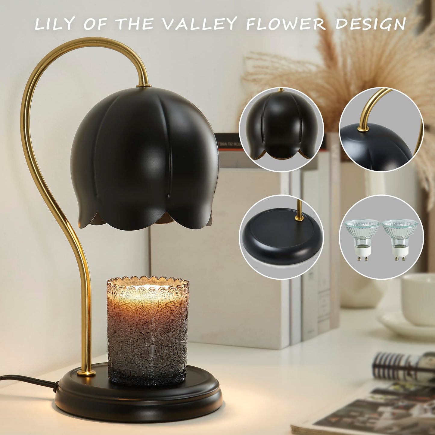 Black Gold Flower Candle Warmer Lamp with Timer Dimmable, Office Decor Elegant Bedroom Scented Wax Light, Christmas Birthday Gifts for Women Man, Large Table Candles Burner