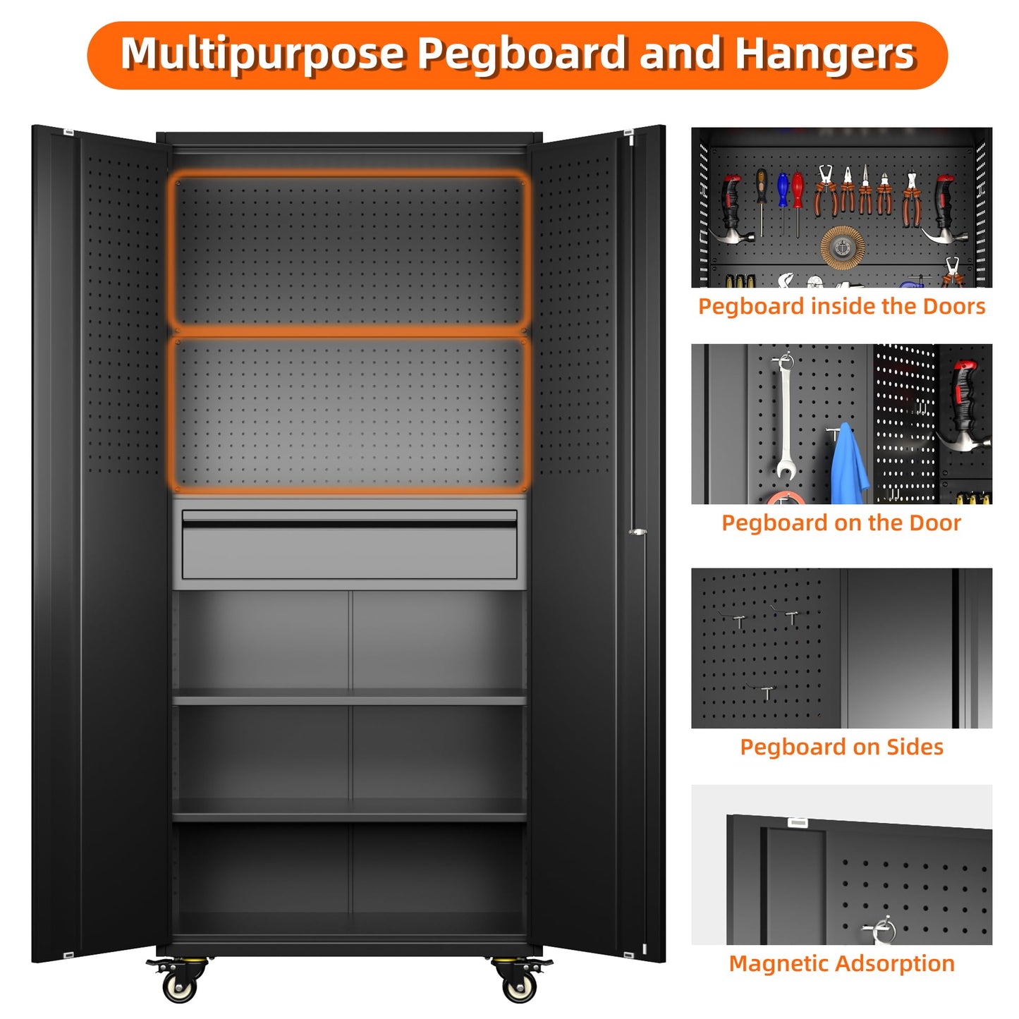 Metal Garage Storage Cabinet with Wheels and Doors,71" H Rolling Tool Cabinet with Pegboard and Drawer for Garage Warehouse Home,Required Assembly,Black