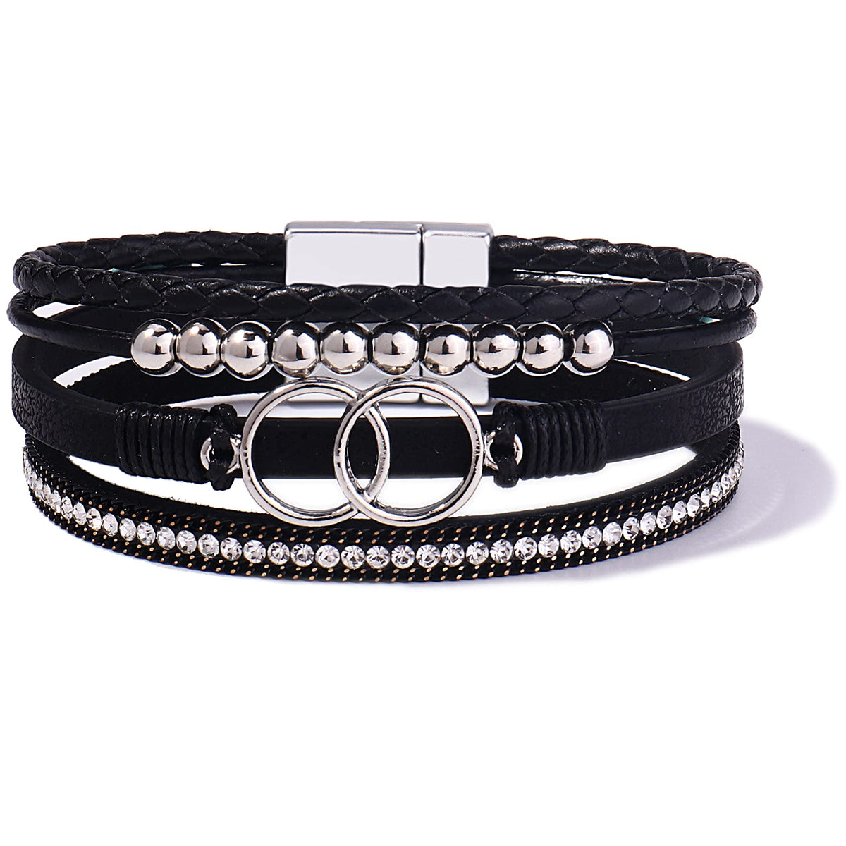 FANCY SHINY Boho Leather Wrap Bracelet Stackable Beaded Infinity Chunky Cuff Bracelets with Magnetic Clasp Western Hippie Outfits Jewelry Gifts for Women(Black)
