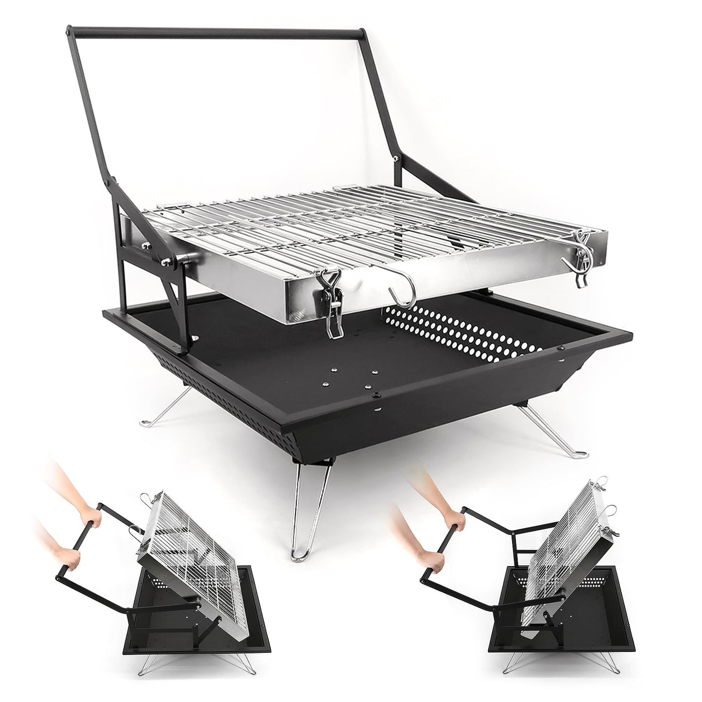 BiggerFire 360° Rotating Charcoal Grills,Stainless Steel Flipping Barbecue Grill for Camping BBQ Picnics Beach Party Cooking Outdoor Garden Yard