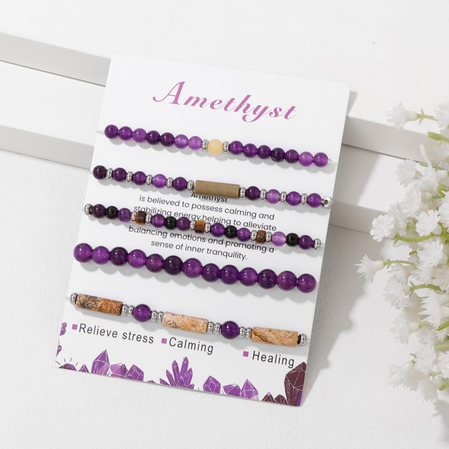 5Pcs Amethyst Bracelet for Women 4mm Amethyst Crystal Bracelet Stackable Beaded Bracelets Gemstone Bracelets Purple Beaded Bracelet Stretch Bracelets Amethyst Jewelry for Women