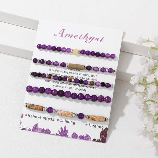 5Pcs Amethyst Bracelet for Women 4mm Amethyst Crystal Bracelet Stackable Beaded Bracelets Gemstone Bracelets Purple Beaded Bracelet Stretch Bracelets Amethyst Jewelry for Women