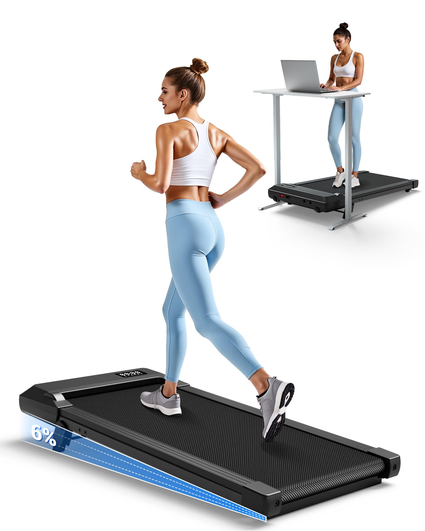 DeerRun Under Desk Walking Pad Treadmill for Home & Office, 6% Manual Incline, 0.6–3.8 MPH Walking Speed, 300 lb Capacity, App & Remote Control