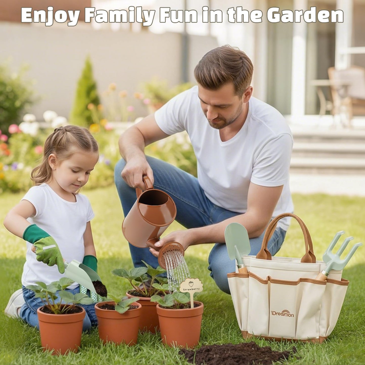 Dreamon Gardening Set Toys for Kids, Quality Garden Tool Kit Includes Tote Bag, Gloves, Shovel, Rake, Cultivator, Watering Can, STEM Learning Outdoor Gifts for Kids Toddlers