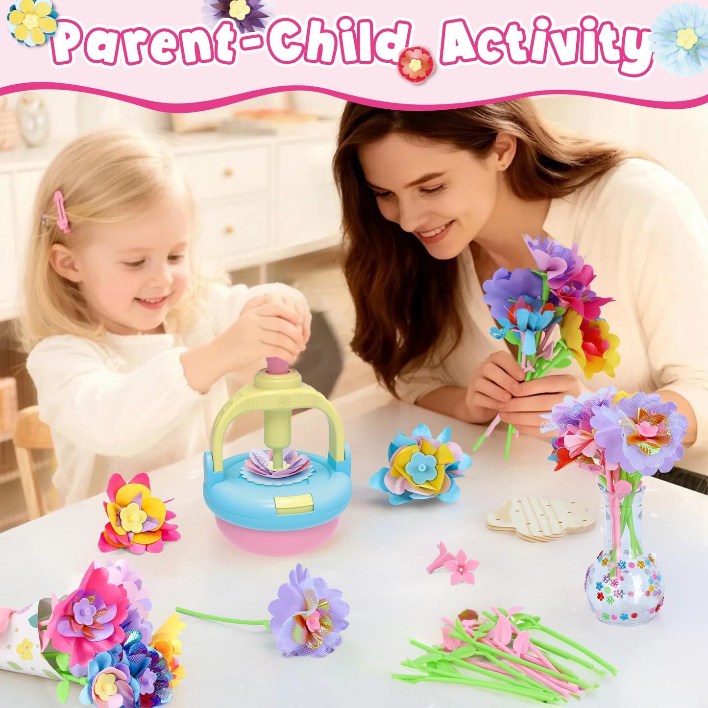 Flowers Craft Kit for Girls Ages 3-12, DIY Flower Bouquet Maker Machine with 120 Fabric Petals, 14 Greeting Cards, Gift Wrap, Vase & Storage Bag, Creative Floral Arts and Crafts Toy for Kids