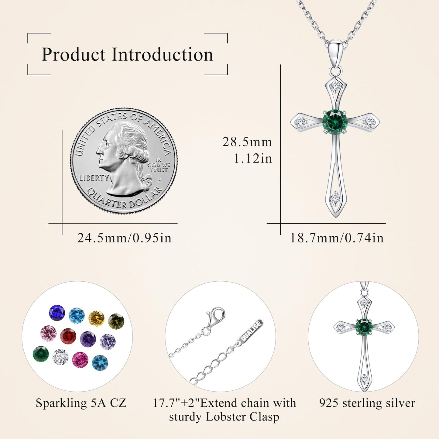 Cross Necklace for Women ,925 Sterling Silver Emerald-May Birthstone Necklace Cross Pendant 5A CZ 12 Birth Months Faith Religious Fine Jewelry Valentines Birthday Holiday Gifts for Her Wife Mom