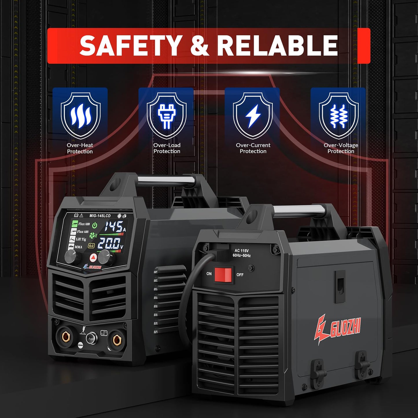 GZ GUOZHI 145A MIG Welder, 3 in 1 Welder FLUX MIG/Lift TIG/ARC Multi-Process Mig Welder, 110V Welding Machine, Flux Core Welder Welder Machine 110v with LCD Large Screen