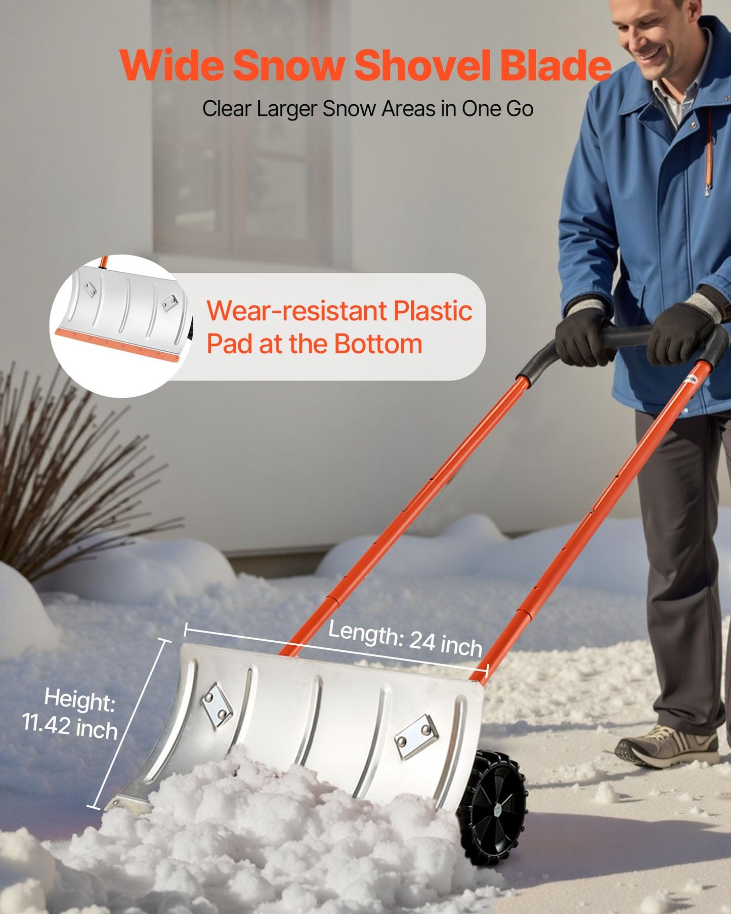 VEVOR 24 inch Snow Pusher Shovel with Wheels, Metal Heavy Duty Wheeled Push Snow Shovels for Driveway