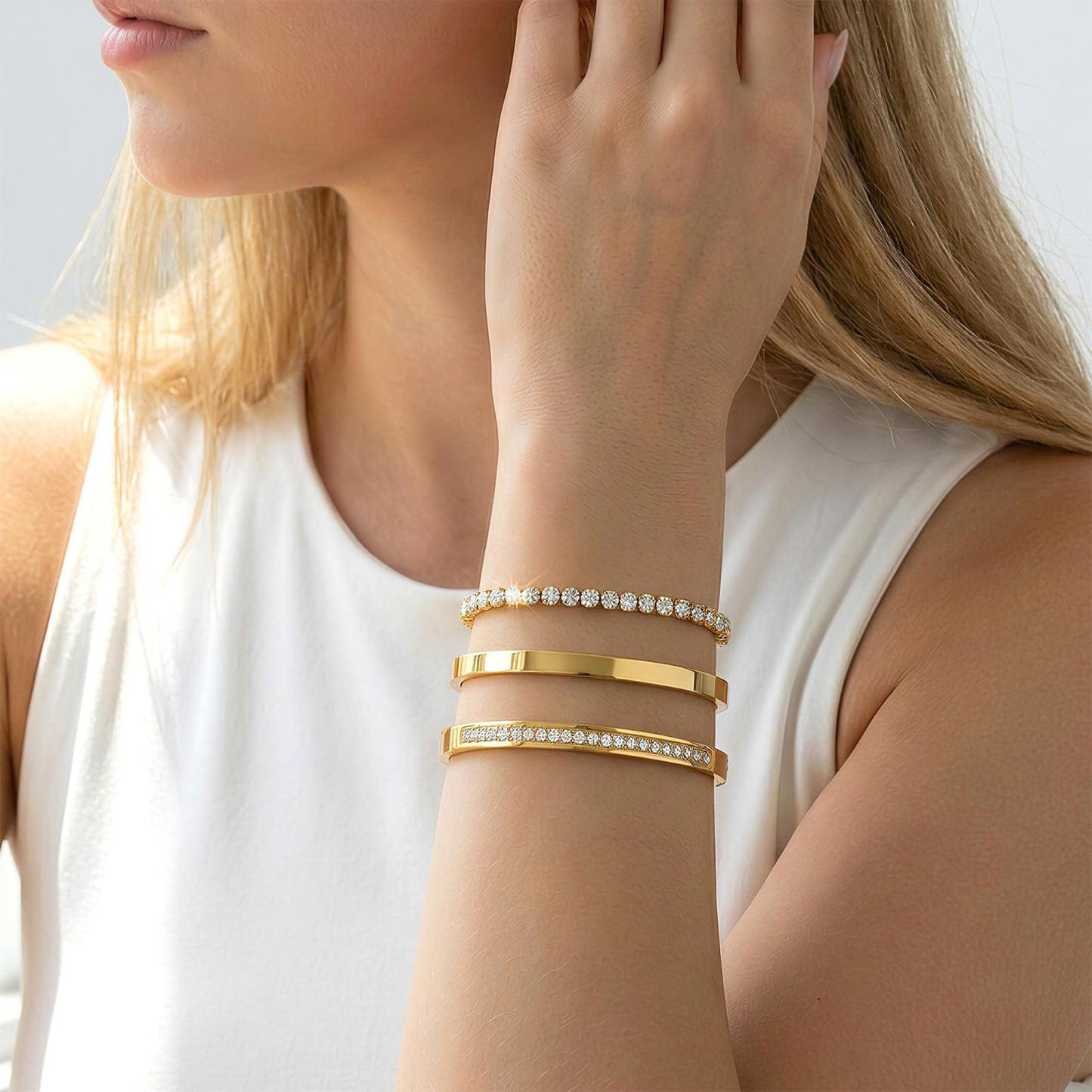 Camhanno Stackable Gold Bracelets for Women Stainless Steel Love & Friendship Bangle, Mothers Day Valentines Birthday Christmas Jewelry Gifts for Mom Her Wife Grandma(Gold Bracelet Stack 3pcs)