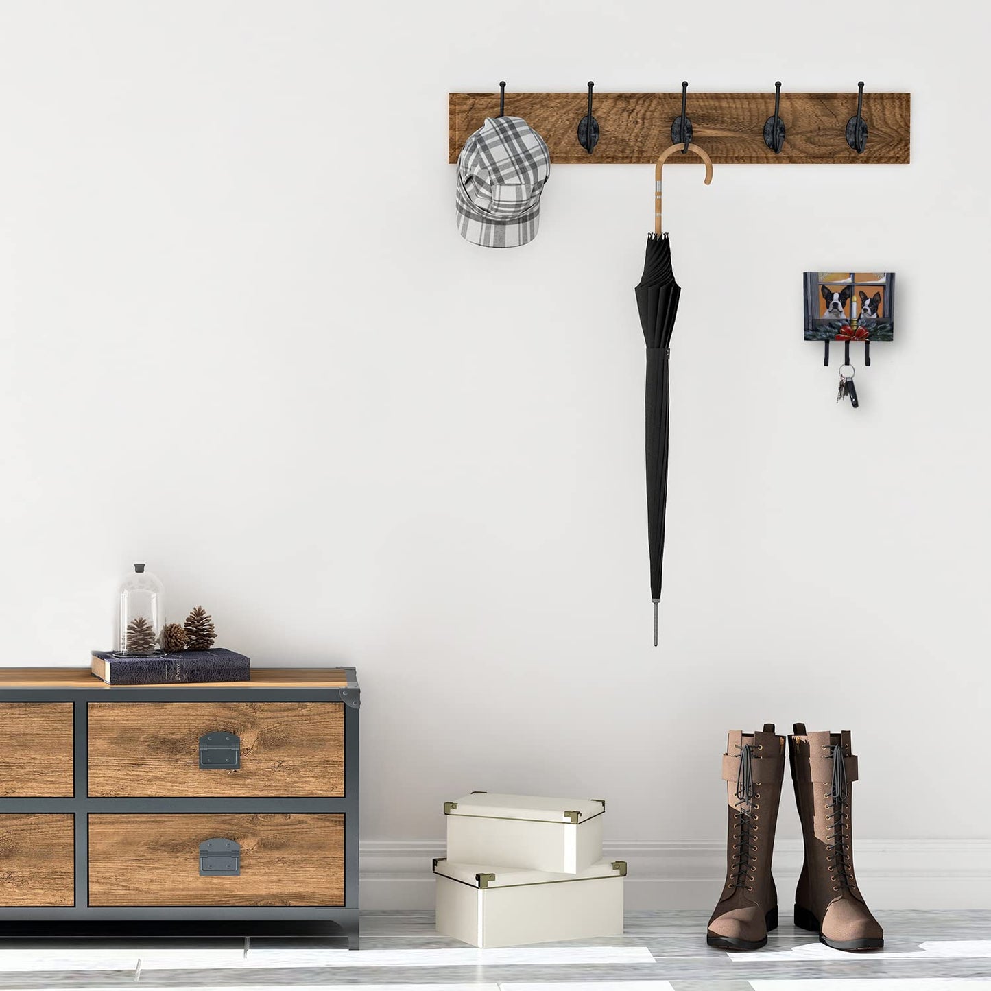 Caroline's Treasures PPP3248TH68 Boston Terrier Looking for Santa Christmas Leash or Key Holder, Wall Hooks, Key Hooks Holder, Coat Rack Wall Mount, Coat Hooks, Hooks for Hanging Keys, Towels, Aprons,
