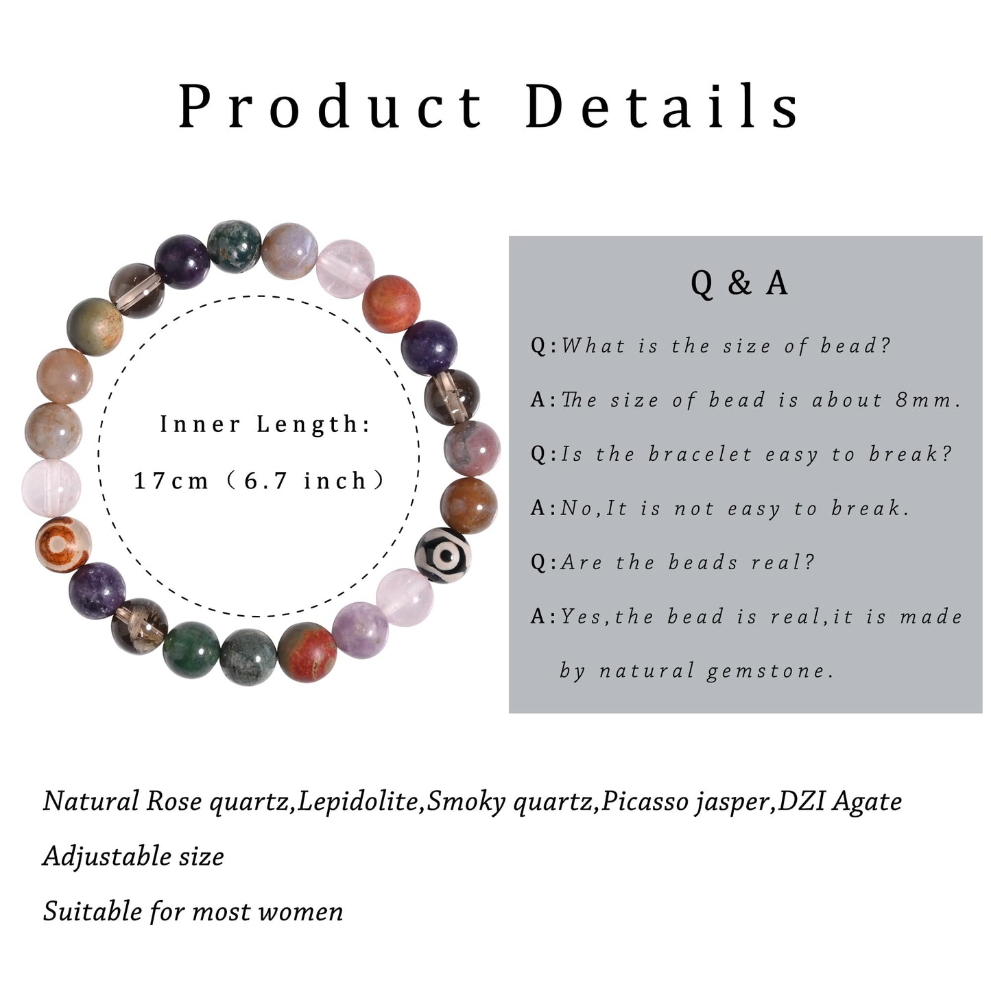 Gracayfr Anxiety Relief Bracelet Empath Protection Rose Quartz Smoky Lepidolite Picasso Jasper Natural Gemstone Healing Crystal Gifts Grounding Jewelry For Women DZI Agate