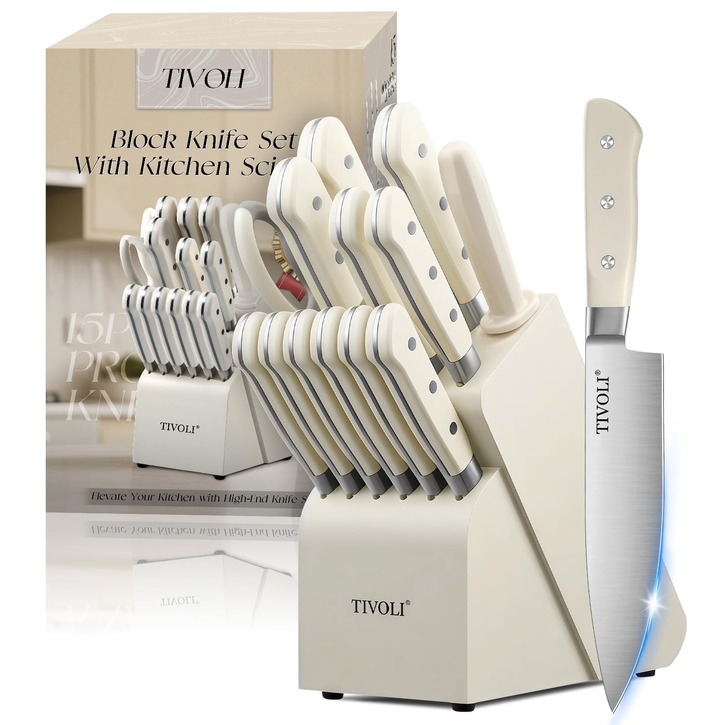 TIVOLI 15 Pieces Knife Set with Block, Forged, High Carbon Stainless Steel Sharp Blade Kitchen Knife Block Set with Ergonomic Wood Handle, Dishwasher Safe Cutlery, Gifts For Cooks, Cream White