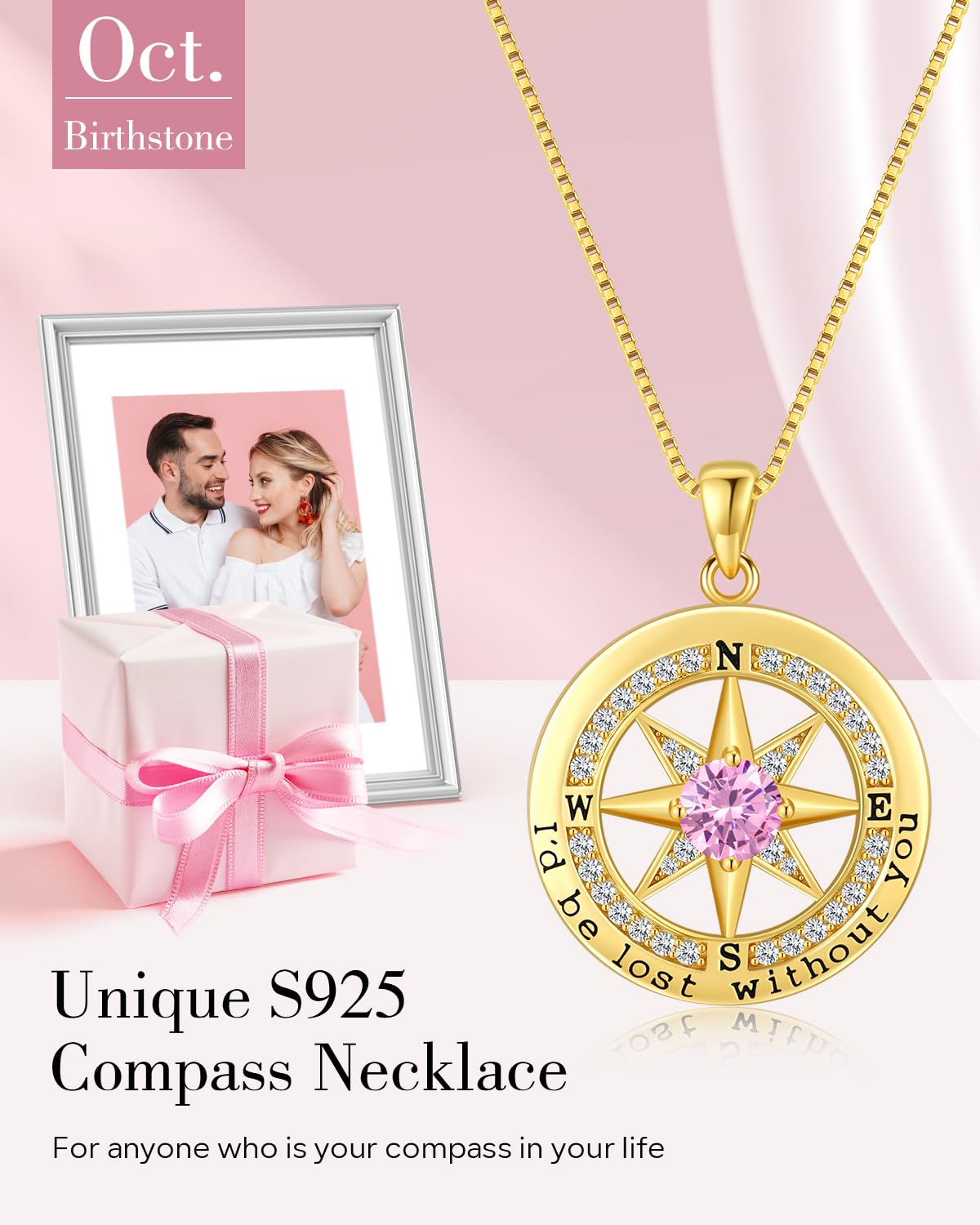 S925 Necklace Gift for Wife |Compass Jewelry |Women Anniversary |Sterling Silver |Girlfriend Birthday Necklaces for Her Valentines |I'd be Lost without You |Jewel 18K Gold Oct 10
