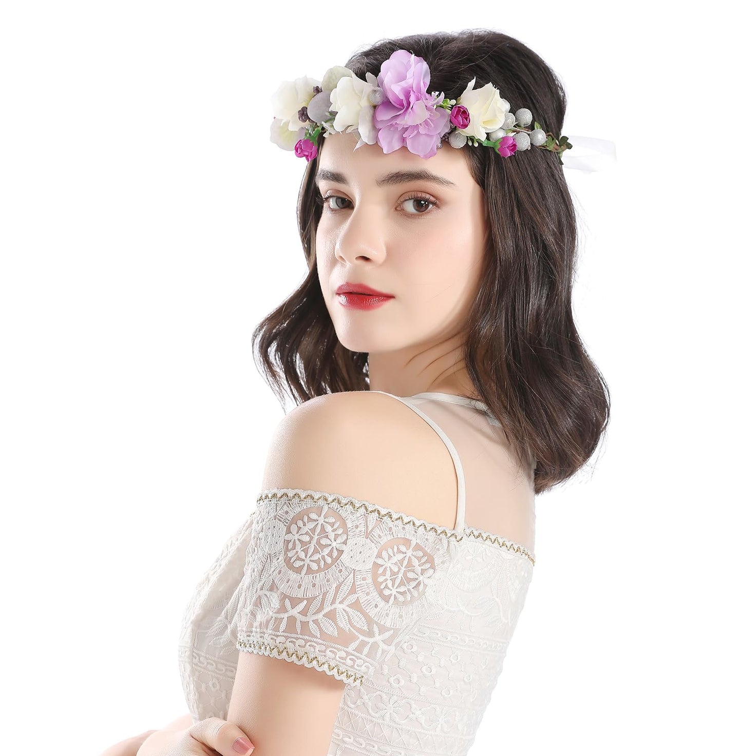 Vivivalue Floral Crown Headband Flower Headpiece Hair Wreath Floral Halo Boho with Ribbon Wedding Party Photos Prom Lavander