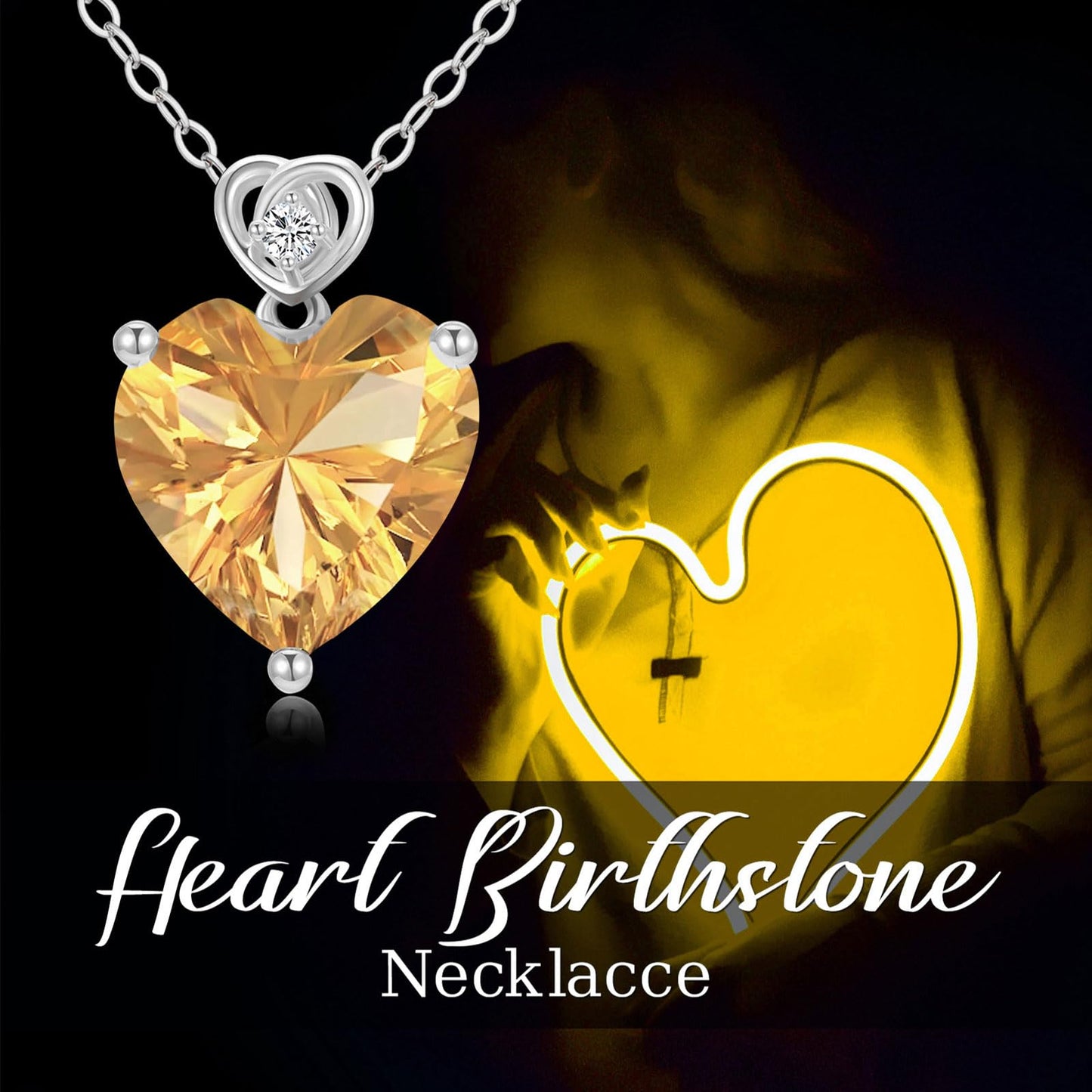 NFYBD 14k White Gold Love Heart Citrine Birthstone Pendant Necklace for Women 3 Carat Heart-cut Created Gemstone Anniversary Birthday Mother's Day Necklaces for Her-nov