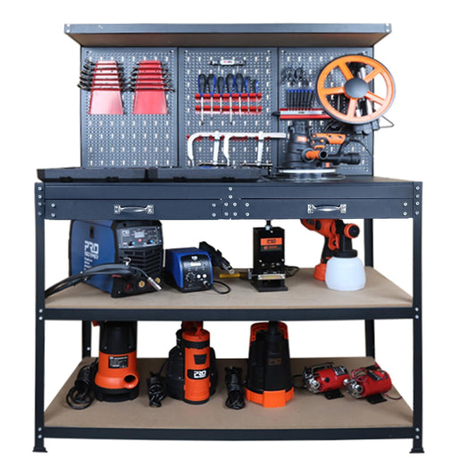 Prostormer 47.25 Inch Heavy Duty Workbench with Pegboard, Hooks, and Drawers - Sturdy Garage Work Table for DIY Projects, Home Workshop, and Tool Organization