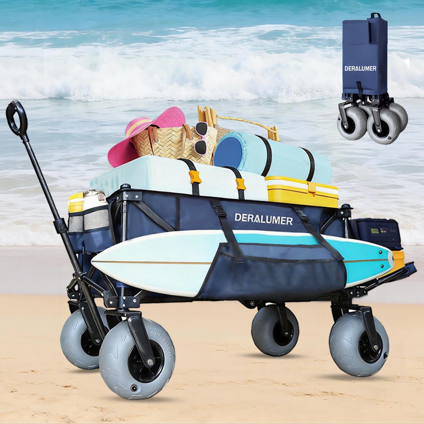 Deralumer X900 Beach Wagon with 9×4" Big Balloon Wheels for Sand, 48" Heavy Duty Folding Wagon with Expandable Tailgate & Side Bag, Collapsible Utility Cart for Beach, Camping, Fishing (Navy Blue)