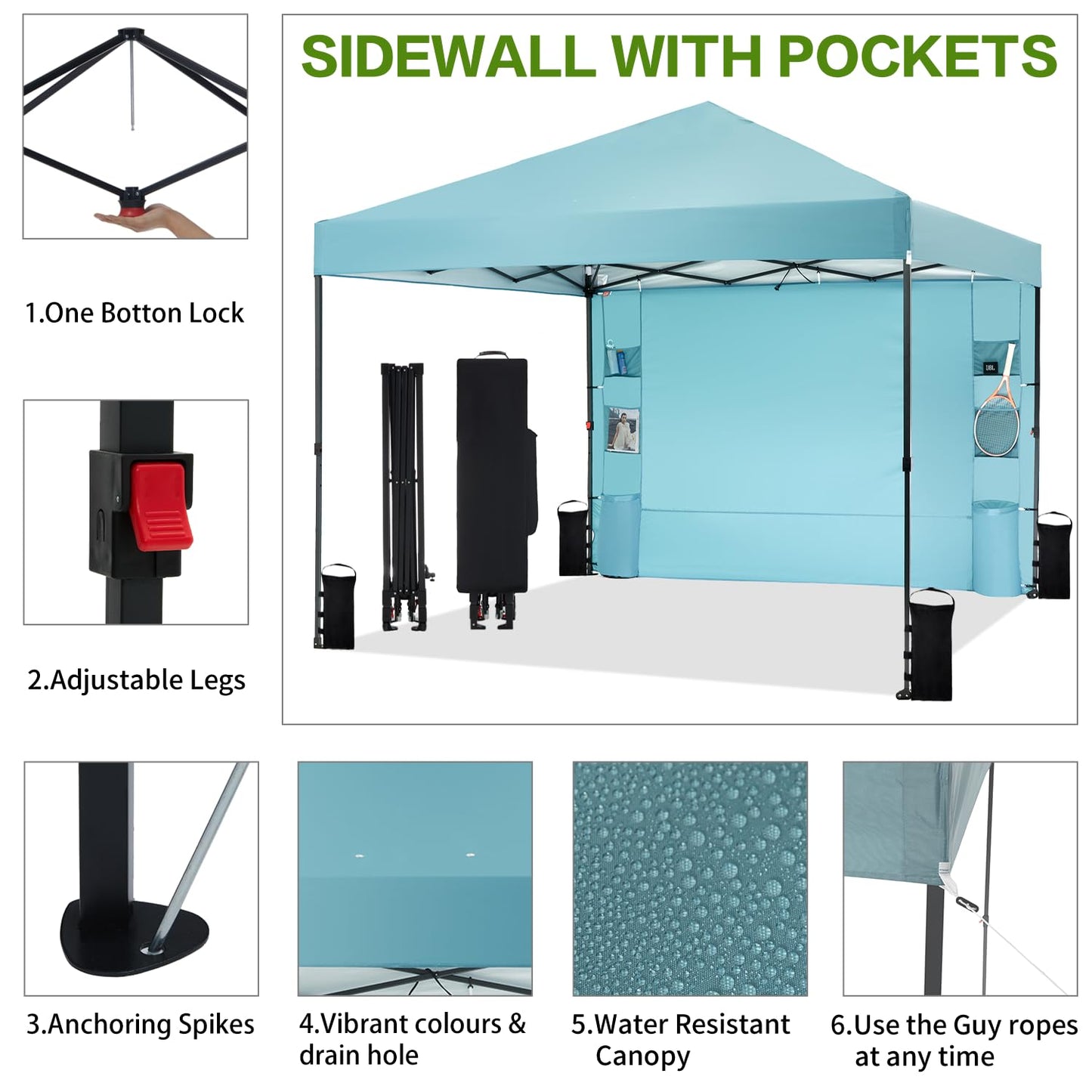 Tunbne 10'x10' Pop Up Canopy Tent with 1 Sidewall and 6 Pockets, One Push Setup, Instant Shade Tent with Vented Roof for Beach Patio Outdoor, Case, 8 Stakes, 4 Ropes, 4 Sandbags (Cyan, 10x10)
