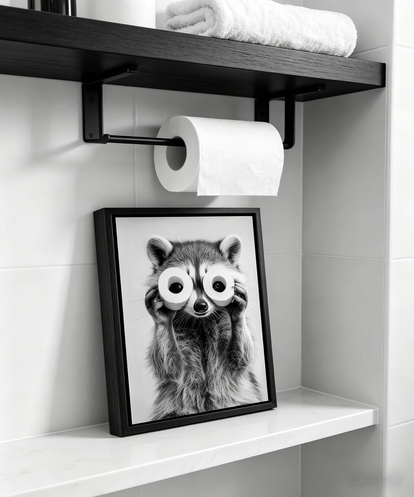 Framed Adorable Raccoon Bathroom Canvas Wall Art Toilet Paper Raccoon Wall Decor Pictures Funny Black and White Bathroom Animal Posters Prints for Restroom Home Decoration 8x10in