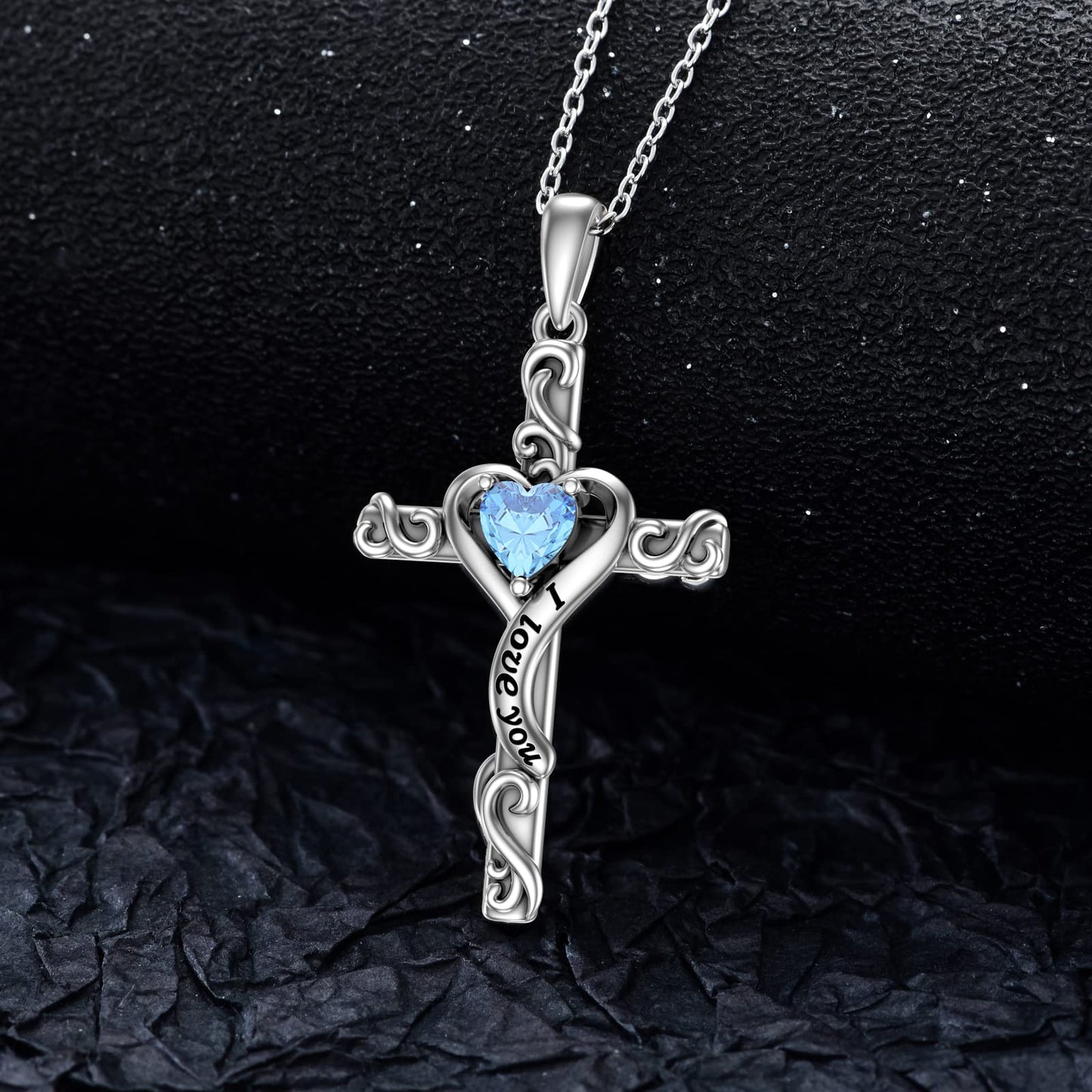 TOUPOP Aquamarine Cross Necklace for Women Sterling Silver March Birthstone Cross Pendant Necklace Heart Love Jewelry for Her Girlfriend Wife Mom Anniversary Birthday Mothers Day Gifts