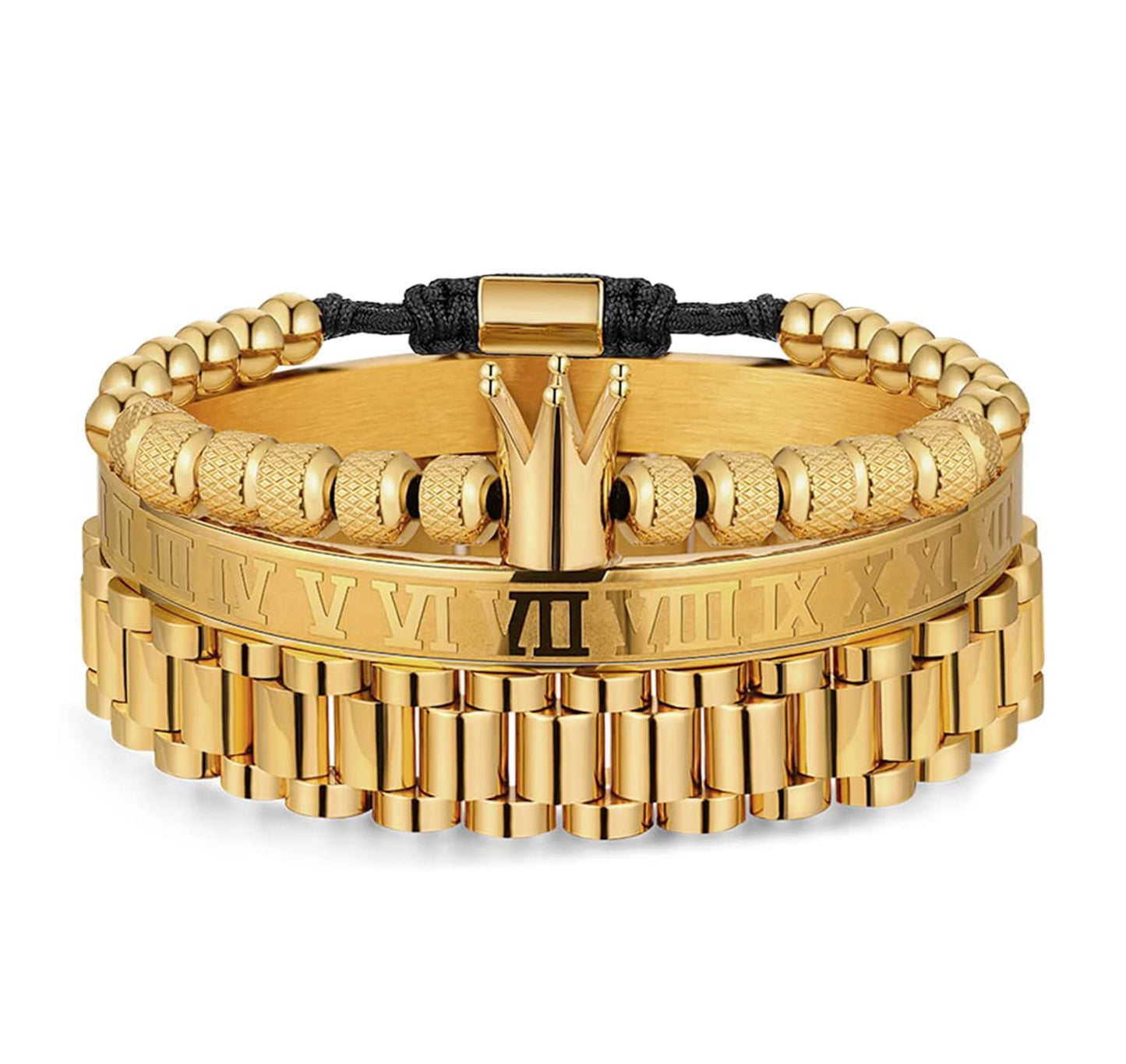 WFYOU 3PCS Stainless Steel Bracelets for Men Gold Roman Numeral Bangle Bracelet Twisted Cable Bracelet Adjustable Cuff Bracelet Mens Luxury Jewelry Bracelets Gifts(F:Gold)