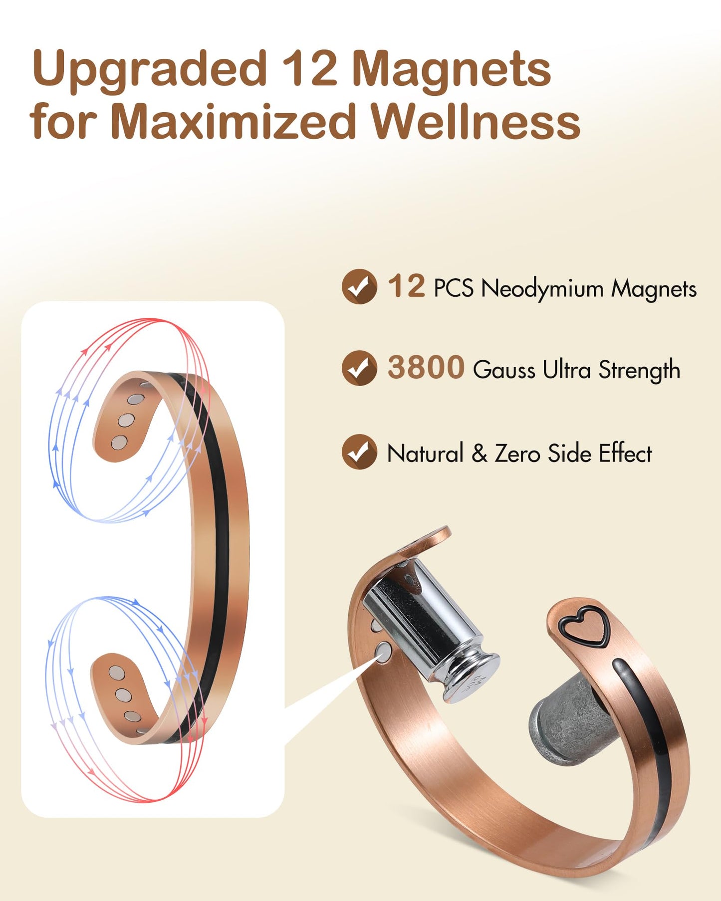 Feraco Copper Bracelet for Men Women, 12X Enhanced Strength Magnetic Bracelet with 3800 Gauss Neodymium Magnets, Pure Copper Cuff Bangle, Adjustable Jewelry Gift (Black Pulse)