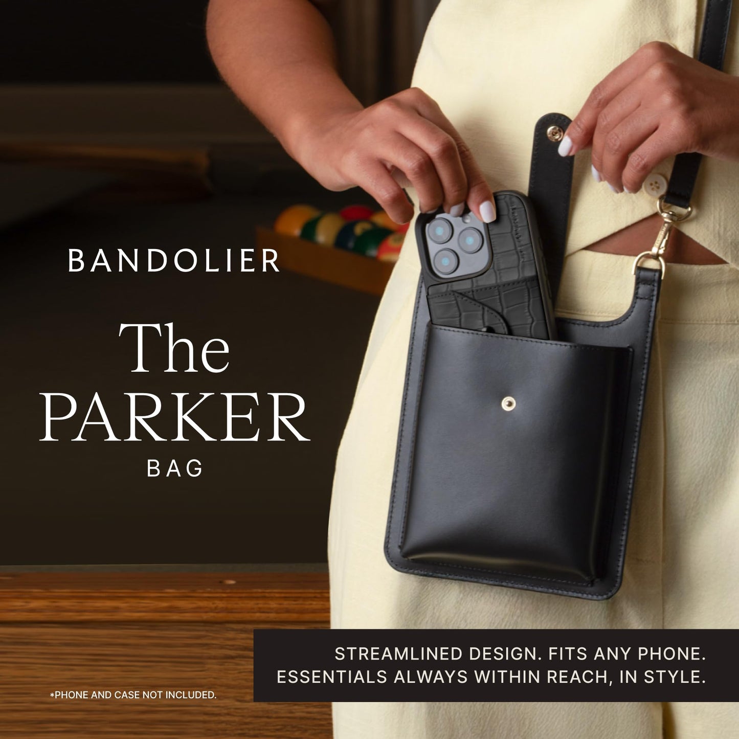Bandolier Parker Crossbody Cell Phone Bag in Genuine Smooth Leather for Women| Adjustable Strap. Exterior Zipper Pocket for Cards. Gold Luxe Hardware