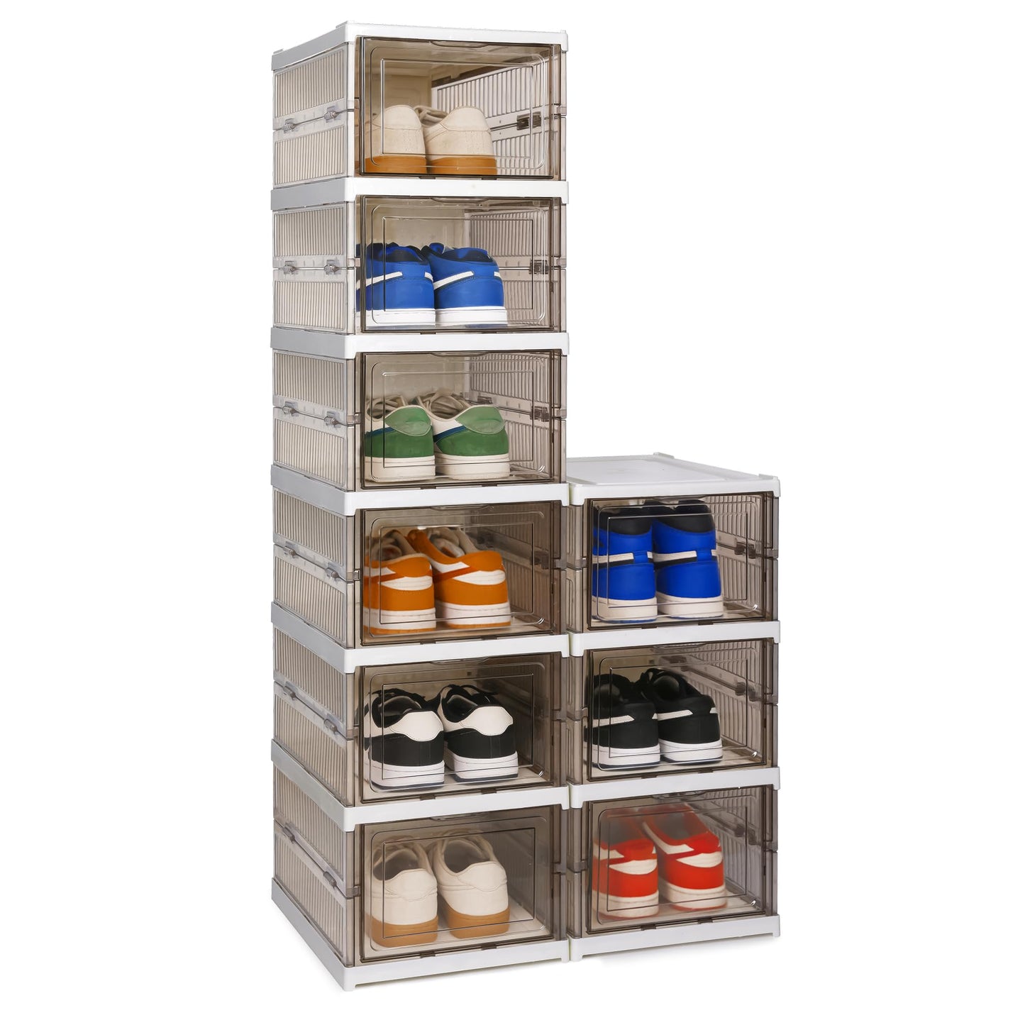 LQCHETOU Shoe Storage Box, No-Assembly 3 Tiers Foldable Shoe Organizer with Clear Door, Space-saving Shoe Rack，Sturdy Clear Plastic Stackable Sneaker Containe, Foldable shoe rack (grey, 3-Tier)