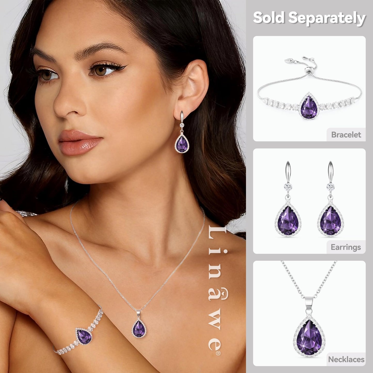Linawe Amethyst Crystal Silver Chain Necklace for Women Trendy, Purple Imitation Diamond Cubic Zirconia Rhinestone Birthstone Pendant Teardrop Necklace, Moissanite Boho Jewelry
