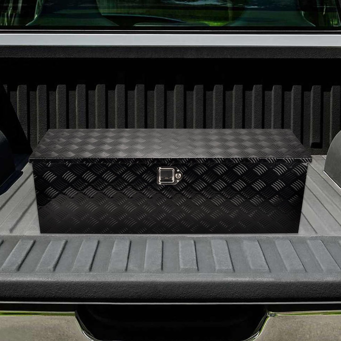 FGJQEFG 48 Inch Heavy Duty Aluminum Truck Tool Box Pick Up Truck Bed RV Trailer Toolbox Storage Organizer with Side Handle, Lock & Keys，Black,5 Bar Tread 48"(L) X15''(W) X15(H) Storage Box