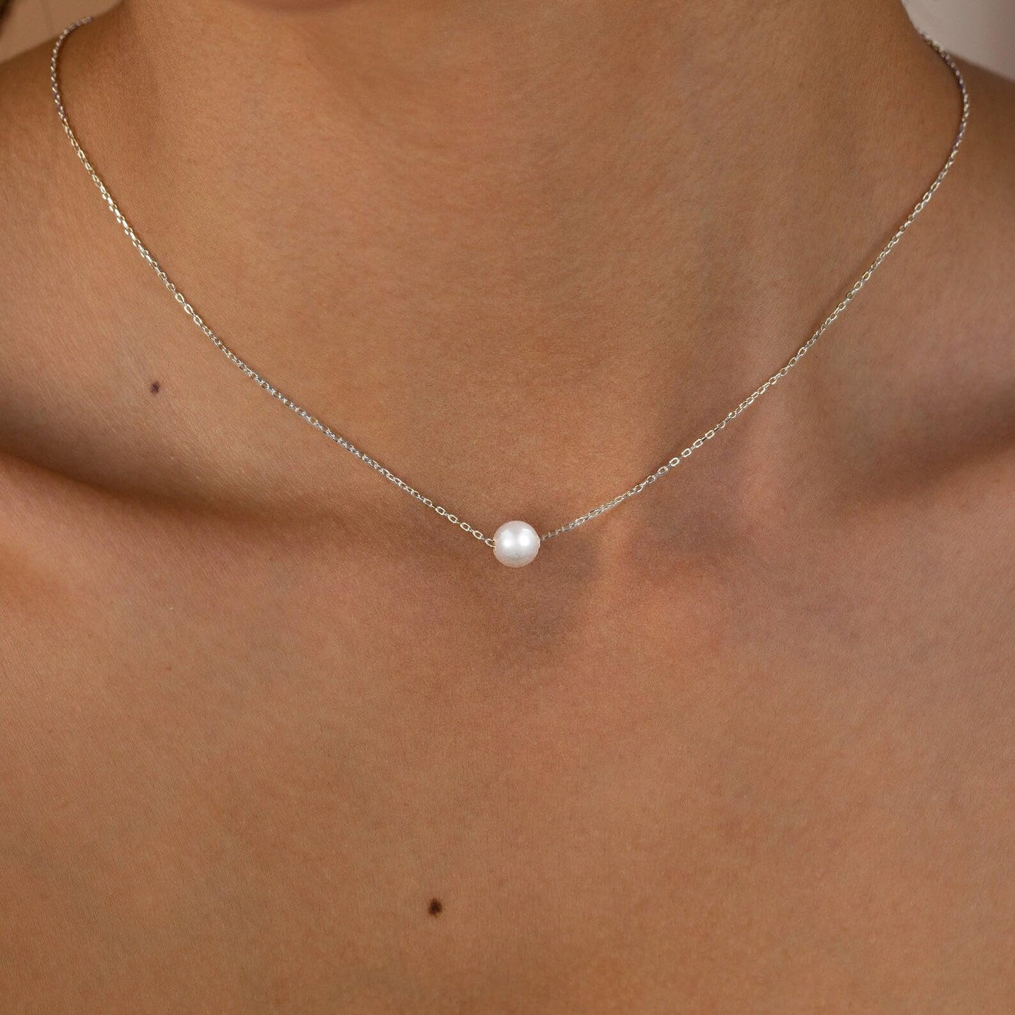 Sargetou Pearl Necklace for Women,14k Silver Plated Waterproof Small Cute Dainty Choker Necklace Drop Circle Single Pearl Chain Trendy Jewelry Fashion Gift