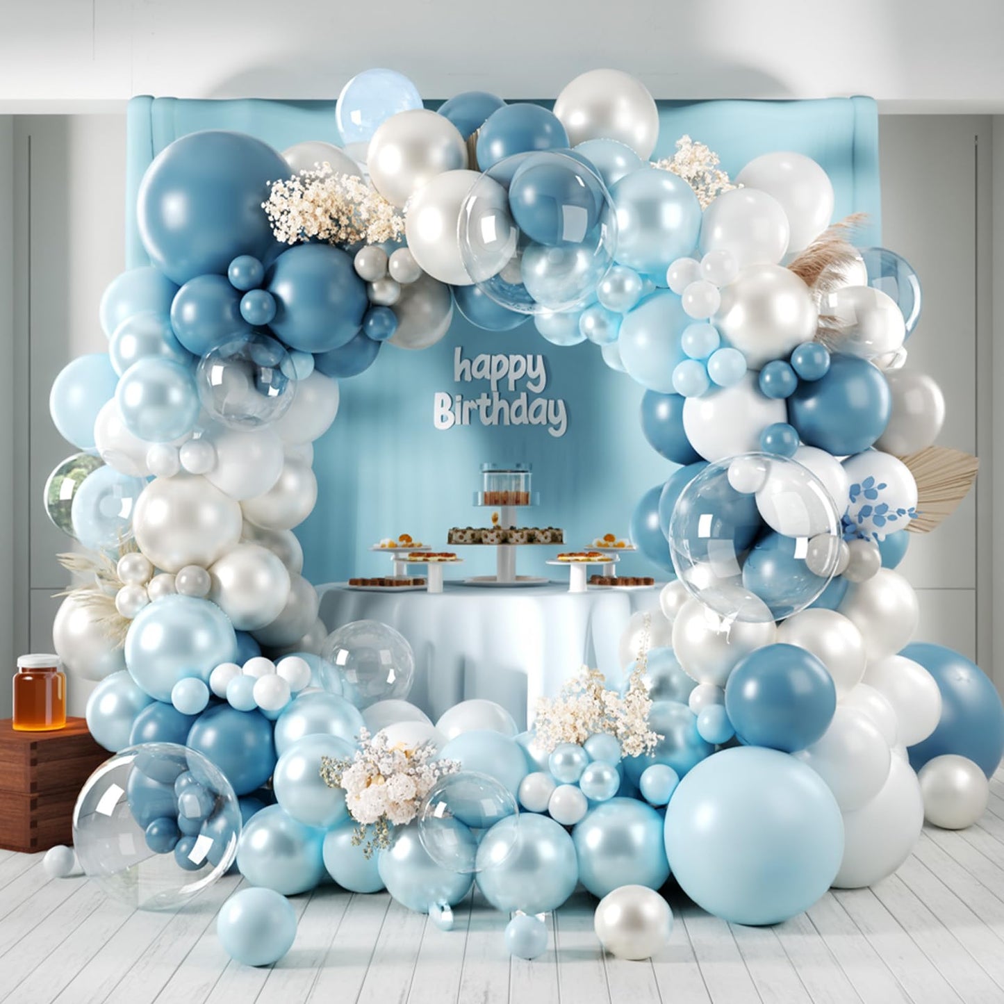 FunHot Dusty Blue Balloon Arch Kit, Double Stuffed Pearl White Pastel Blue Balloon Garland Kit with Clear Balloons for Boys Baby Shower Gender Reveal Wedding Frozen Winter Birthday Party Decorations
