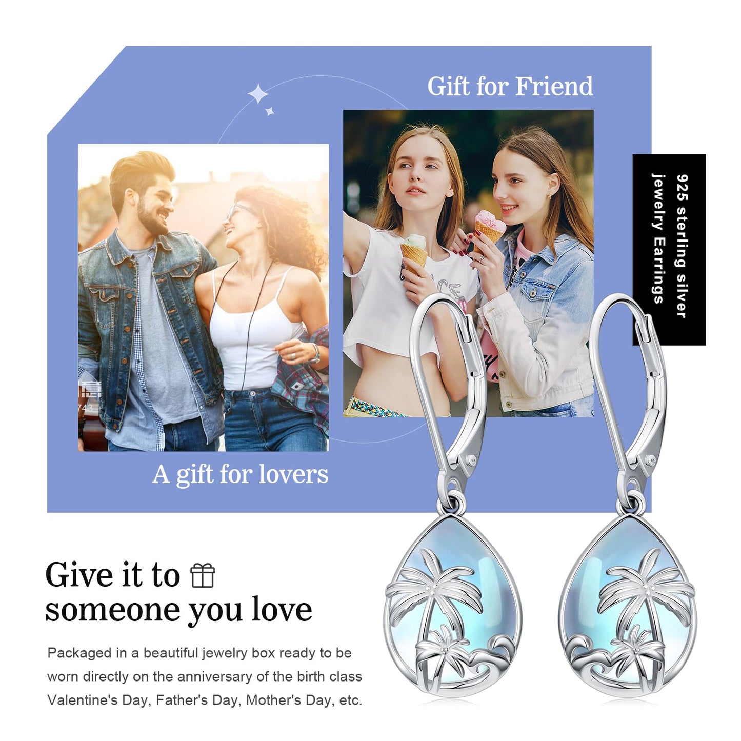 KoyeKei Palm Tree Earrings for Women 925 Sterling Silver Palm Tree Moonstone Dangle Drop Leverback Earrings Hawaiian Beach Jewelry Graduation Birthday Gifts for Lover Her Girlfriend