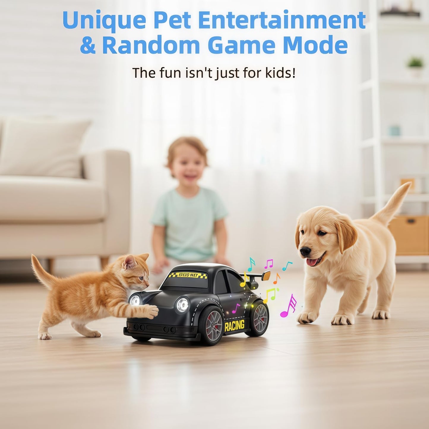 PanniOhye 3-in-1 Smart RC Car with Follow & Escape Modes, 360° Stunt Drift, Voice/Light Effects, and Pet Play Mode, 4WD Remote Control Car Toy for Kids and Cat Dogs (White)