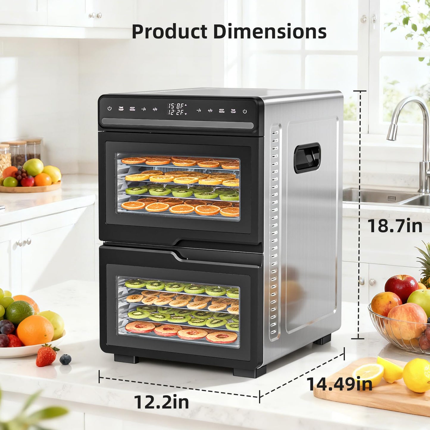 Kndko Food Dehydrator 1100W Machine With Digital Adjustable Temperature and 72H Timer,2 separate chambers,12 Stainless Steel Trays for Fruits Vegetables and Meat