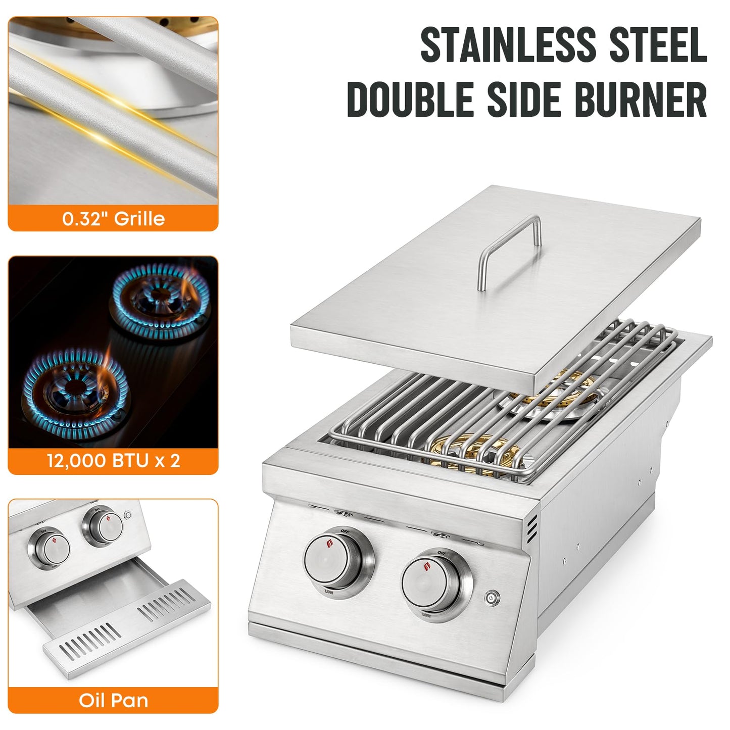 Hygrill Double Side Burner, Built In Double Grilling Side Burners for Outdoor Kitchen, Outdoor BBQ Grill Island, Natural Gas Version