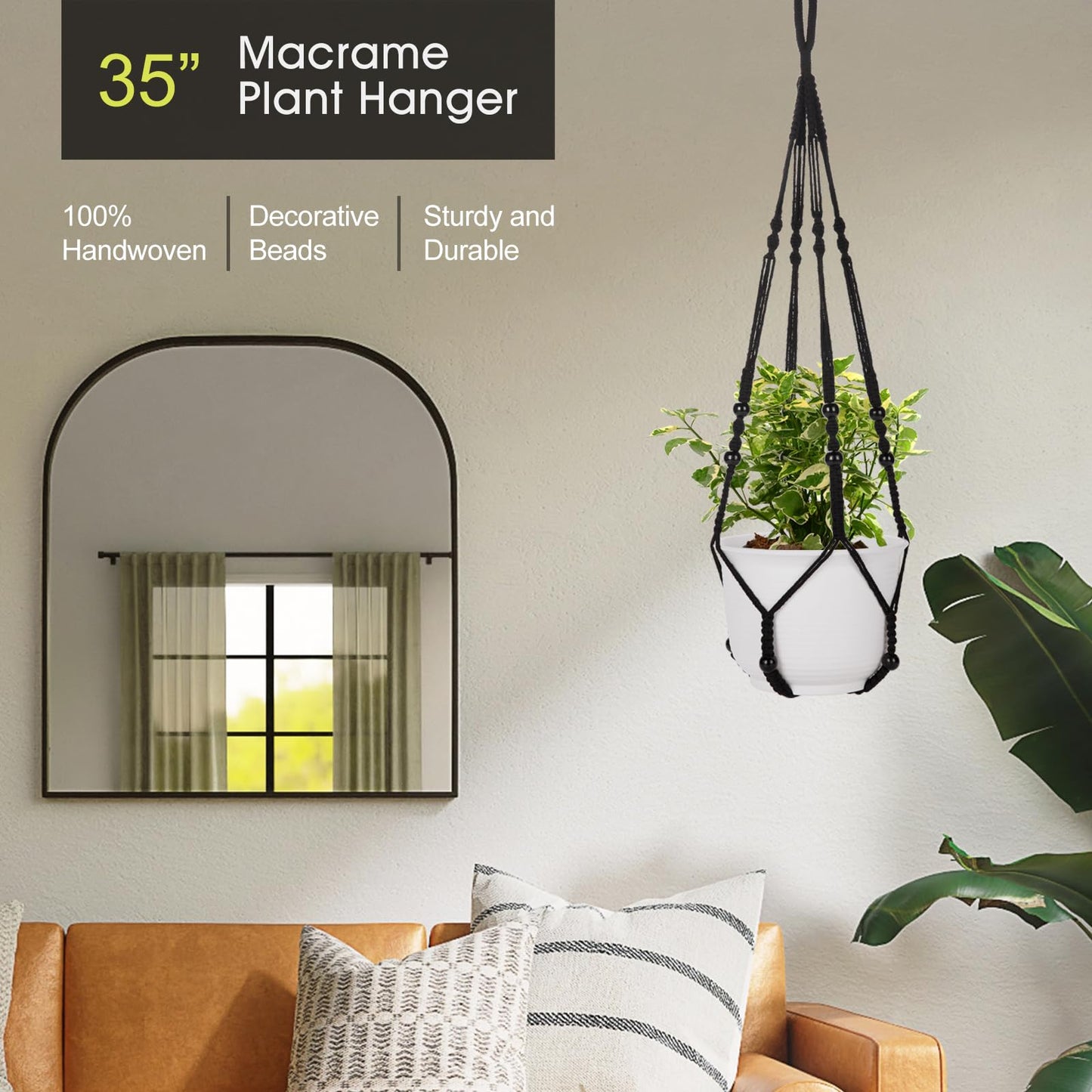 RIFNY Macrame Plant Hanger for 5 to 10 Inch Plant Pots, 35 Inch Woven Rope Hanger Kits with Hooks and Wood Beads, Hanging Planter Basket for Indoor Boho Home Decor (Black, 2 Pack)