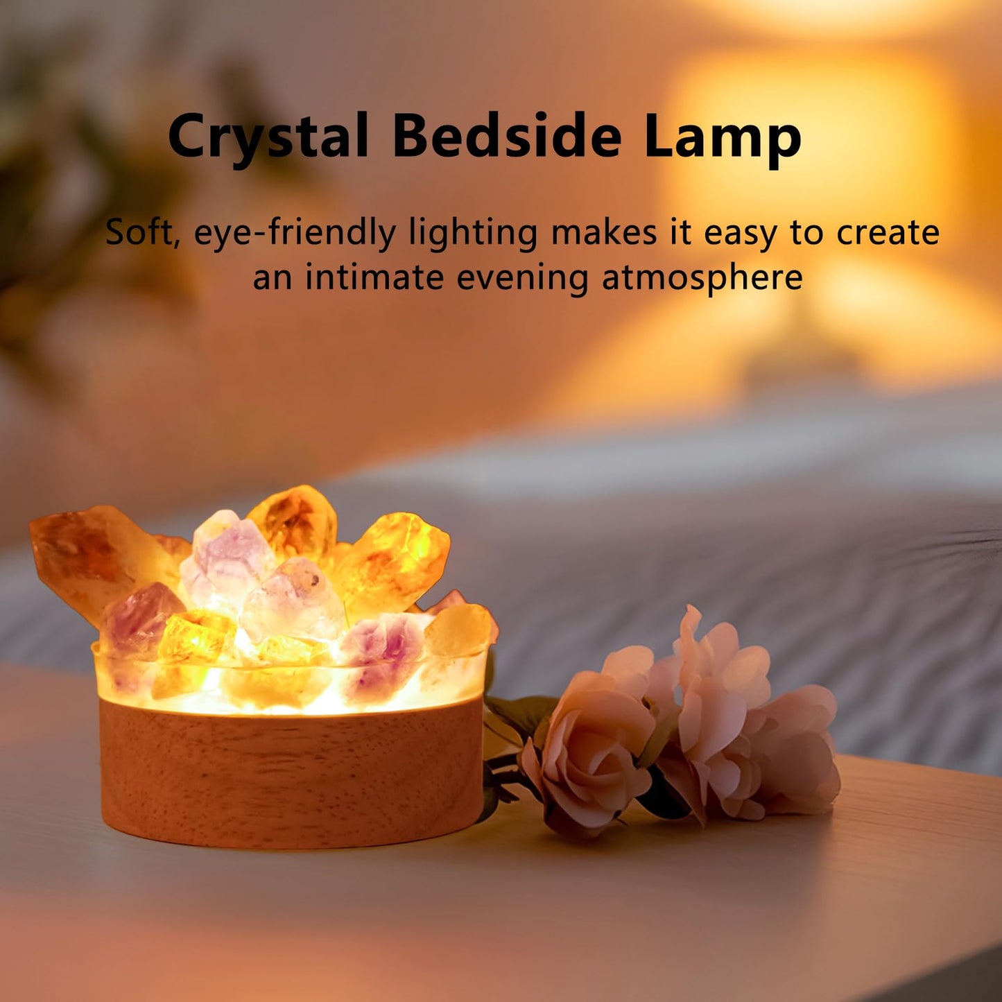 Runyangshi Natural Crystal Night Lamp Bedroom Bedside Sleep Night Light Citrine Amethyst Healing Crystal Gemstone Quartz Ambient Light USB Powered Night Decoration Desktop Ornament for Home Decor Gift