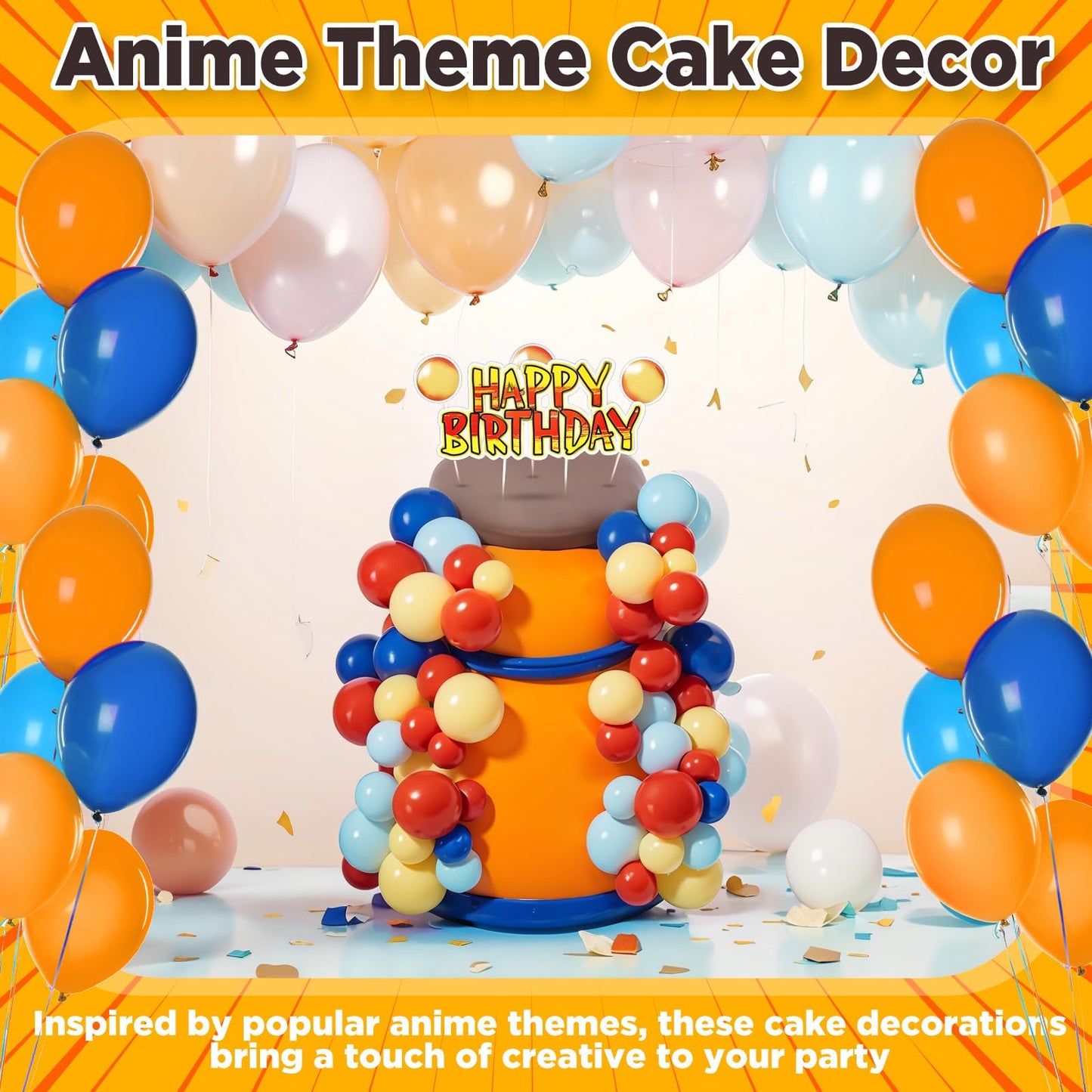 Weysat 76 Pcs Anime Theme Birthday Party Decorations Yellow and Red Stars with 64 Ball Cake Topper Sticks 8 Cake Customized Card Kit 4 Stickers for Anime Themed Birthday Party Cupcake Decoration